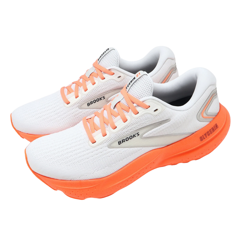 Brooks Men Glycerin 21 Shoe - White / Clownfish - The Marathon Shop 