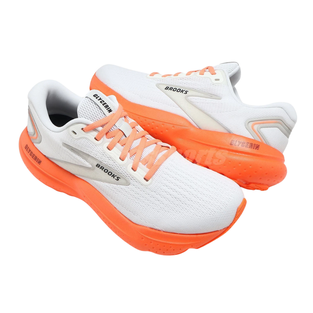 Brooks Men Glycerin 21 Shoe - White / Clownfish - The Marathon Shop 